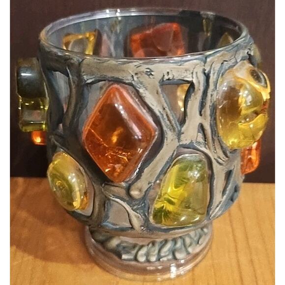 Vintage Stained glass Bead Votive Candle Holder 70s orange yellow green goblet - Picture 1 of 7